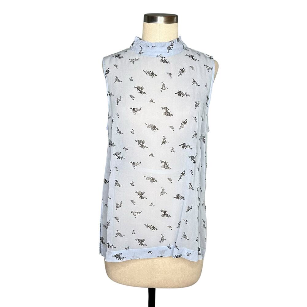 GANNI Blue Floral Print Sleeveless Blouse Ruffle‎ Neck Women's Size 40 US 8/10